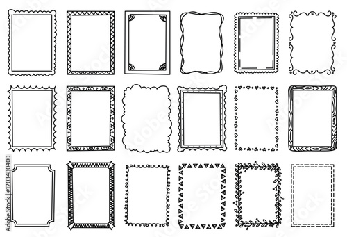 Line doodle frames. Simple sketch borders for text, hand drawn vintage vignettes and corners, cute rustic pencil scribble design elements. Vector set