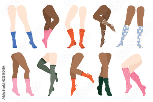 Legs in socks. Woman feet in yarn sock, fashionable warm cotton hosiery, girl legs in trendy winter socklets. Vector colorful sock set