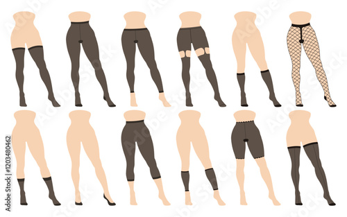 Woman hosiery. Female tights, sexy lingerie stockings pantyhose tights, girl seductive stocked leg wearing fashion dance-tights. Vector isolated set