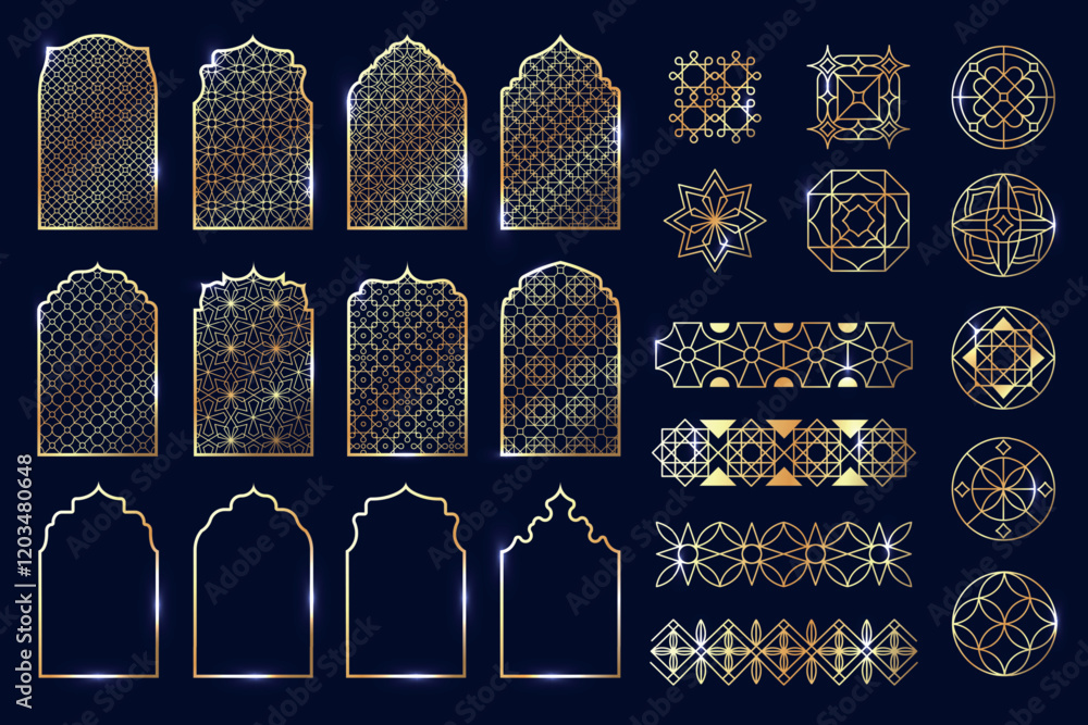 Fototapeta premium Golden Arabesque collection. Geometric oriental arabesqued frames and borders, arabic mosque architecture arabesquerie elements, islamic decorative design. Vector set