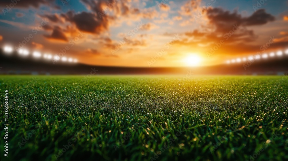 This captivating image depicts a dramatic sunset casting warm tones over a magnificent sports field, providing a picturesque backdrop for athletic events. This captivating image depicts a dramatic sunset casting warm tones over a magnificent sports field, providing a picturesque backdrop for athletic events.