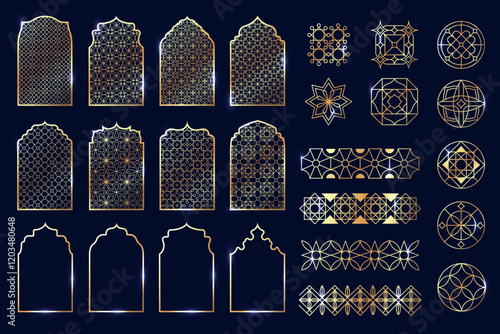 Golden Arabesque collection. Geometric oriental arabesqued frames and borders, arabic mosque architecture arabesquerie elements, islamic decorative design. Vector set
