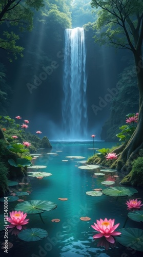 Fototapeta Naklejka Na Ścianę i Meble -  Mystical Lagoon with Glowing Lotus Flowers and Waterfall