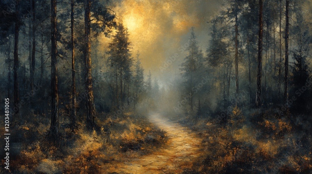 Fototapeta premium Misty Forest Path at Sunset, a golden glow paints the sky and filters through tall trees, creating a serene and enchanting scene
