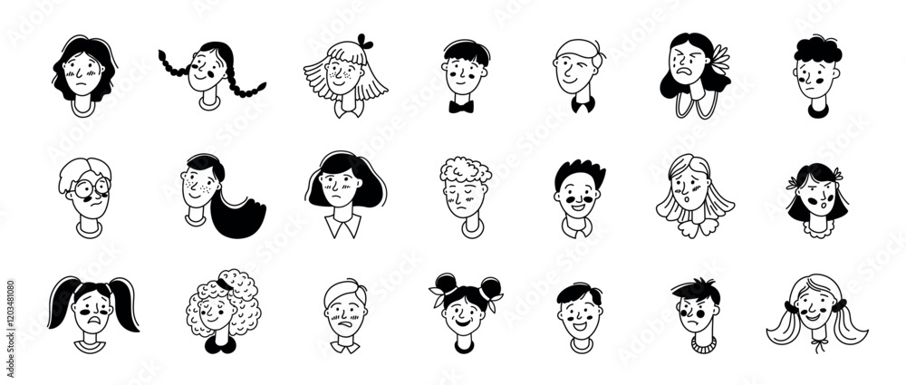 Doodle kids heads. Cartoon hand drawn boy and girl avatars with different emotions and hairstyles, sketch line faces. Vector isolated set