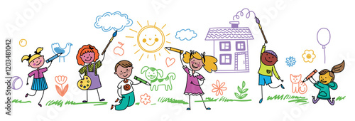 Kids painting wall. Cartoon children characters drawing sketching coloring with pencils and brushes, creative childhood activities. Vector illustration