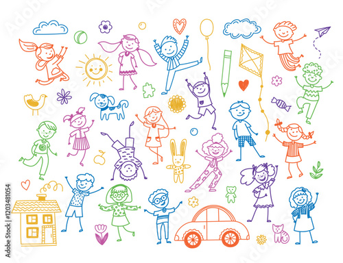 Sketchy happy kids. Cute doodle children playing and having fun, childhood emotions concept, funny boys and girls scribble pencil drawing. Vector isolated set