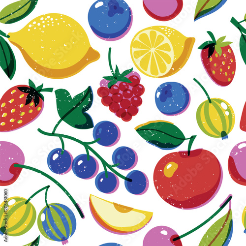 Risograph fruit pattern. Seamless print of tropical exotic fruits, retro riso print of apple berry cherry lemon. Vector texture