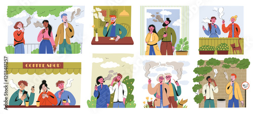 Vape smoker. Cartoon smoking man and woman vaping electronic cigarette, nicotine smoke addiction, tobacco addicted person with non-smoker. Vector smokers isolated set
