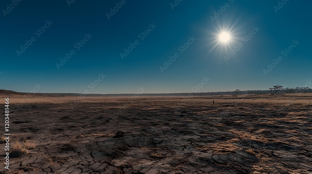 Expansive Dry Landscape Under Bright Sunlight with Cracked Earth and Clear Blue Sky in a Semi-Arid Region Highlighting Environmental Challenges and Climate Impact Expansive Dry Landscape Under Bright Sunlight with Cracked Earth and Clear Blue Sky in a Semi-Arid Region Highlighting Environmental Challenges and Climate Impact