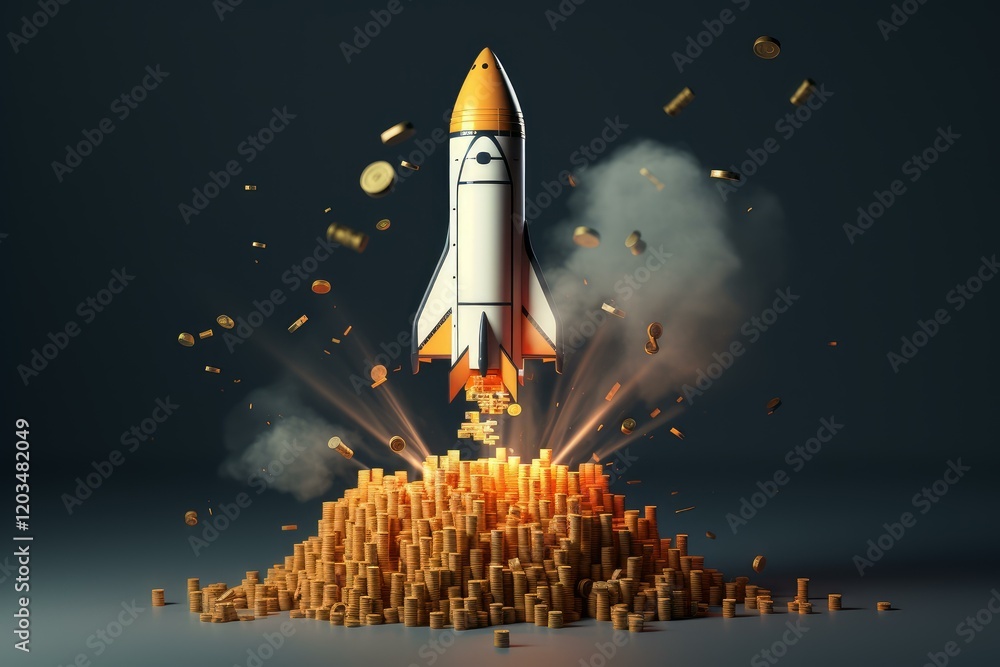 Fototapeta premium Rocket launching from a pile of coins, representing successful investment, wealth growth, and financial freedom