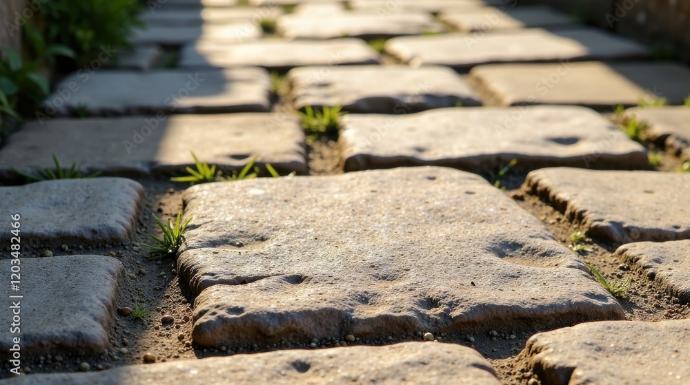 Sunlit Stone Pathway A Close-Up View of Irregularly Shaped Paving Stones with Emerging Spring Vegetation Sunlit Stone Pathway A Close-Up View of Irregularly Shaped Paving Stones with Emerging Spring Vegetation