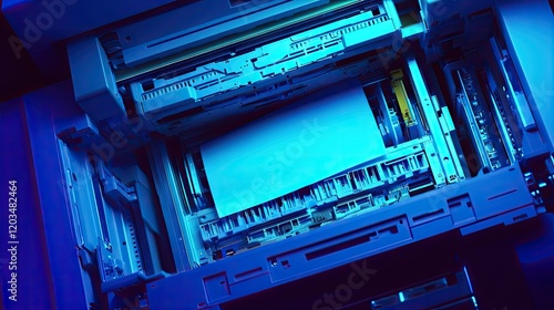A color printer's open top panel revealing a jammed sheet inside.