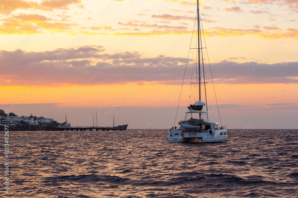 Fototapeta premium Sunset orange sky in the sea waters of the island with a sailboat. Sailing catamaran. Santa Marina Salina is one of the towns on Salina island, one of the Aeolian Islands in the Italian region Sicily