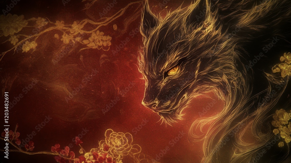 Naklejka premium Golden Wolf Mystical Blossom Art Red Background