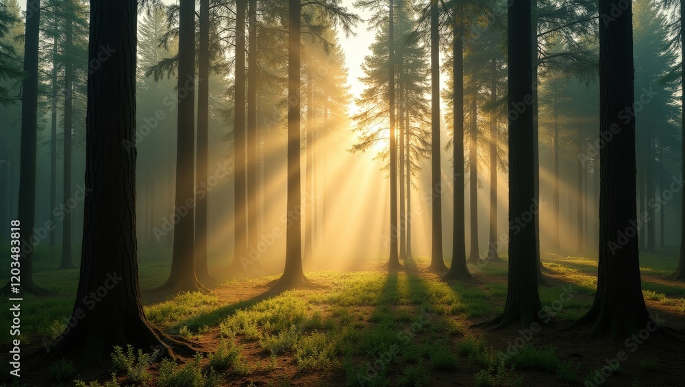 Obraz premium Sunrise in a pine forest with sun rays