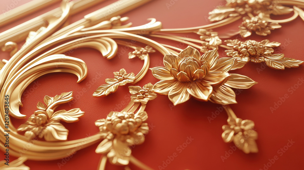Elegant golden floral motifs on vibrant crimson background create stunning visual
