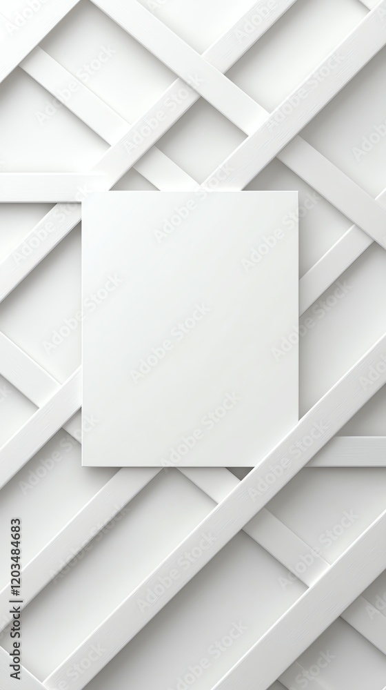 Minimalist white geometric pattern with blank rectangular card on textured lattice background. Ideal for design, branding, or art projects. Minimalist white geometric pattern with blank rectangular card on textured lattice background. Ideal for design, branding, or art projects.