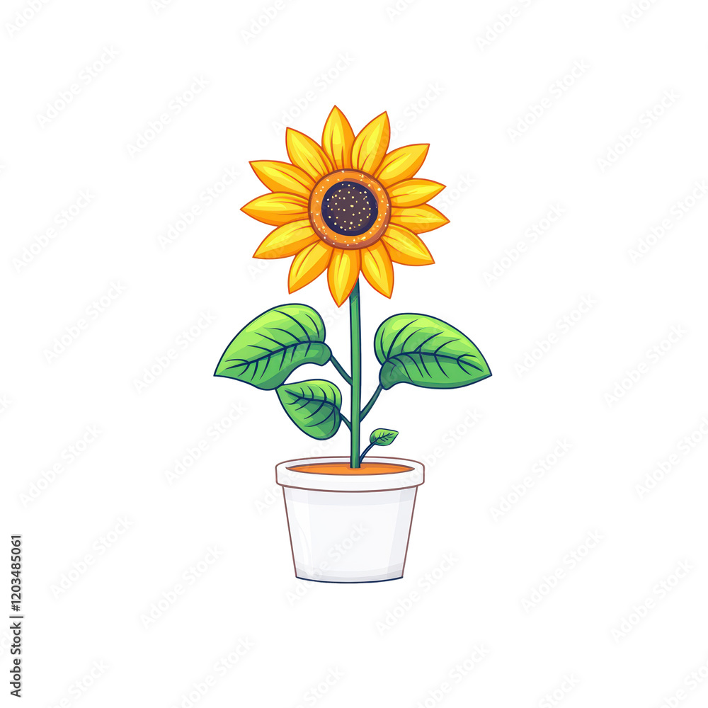 Obraz premium Vibrant Cartoonish Sunflower in White Pot for Cheerful Decor