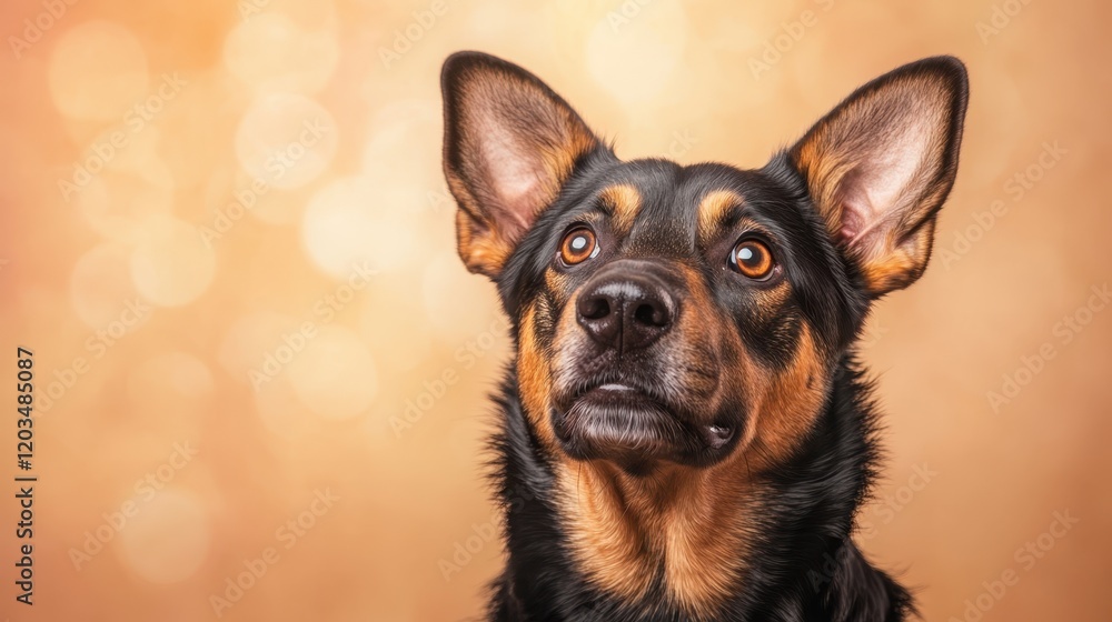 A striking portrait of a black and tan dog gazing up with inquisitive eyes, set against a warm, glowing bokeh background that enhances its expressive features. A striking portrait of a black and tan dog gazing up with inquisitive eyes, set against a warm, glowing bokeh background that enhances its expressive features.