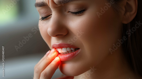 Woman touching sensitive teeth expressing dental pain and discomfort in natural lighting. Close-up of female patient showing signs of tooth sensitivity and gum problems