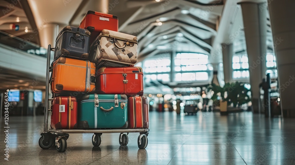 Fototapeta premium A luggage cart stacked with suitcases in a busy airport terminal.