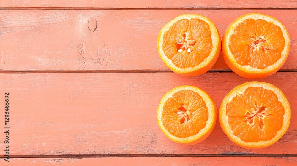 Juicy Orange Slices on Coral Wood Background Juicy Orange Slices on Coral Wood Background