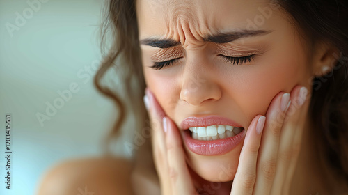 Young woman experiencing jaw pain touching face with both hands against blurred background. Female showing signs of dental discomfort and tension