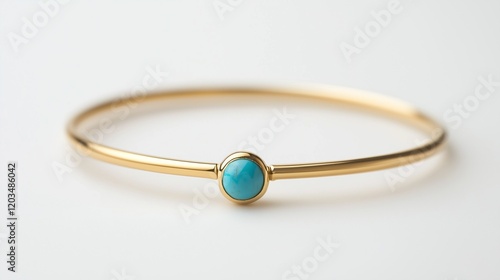 A thin gold bracelet adorned with a single turquoise charm, isolated on a pristine white backdrop.