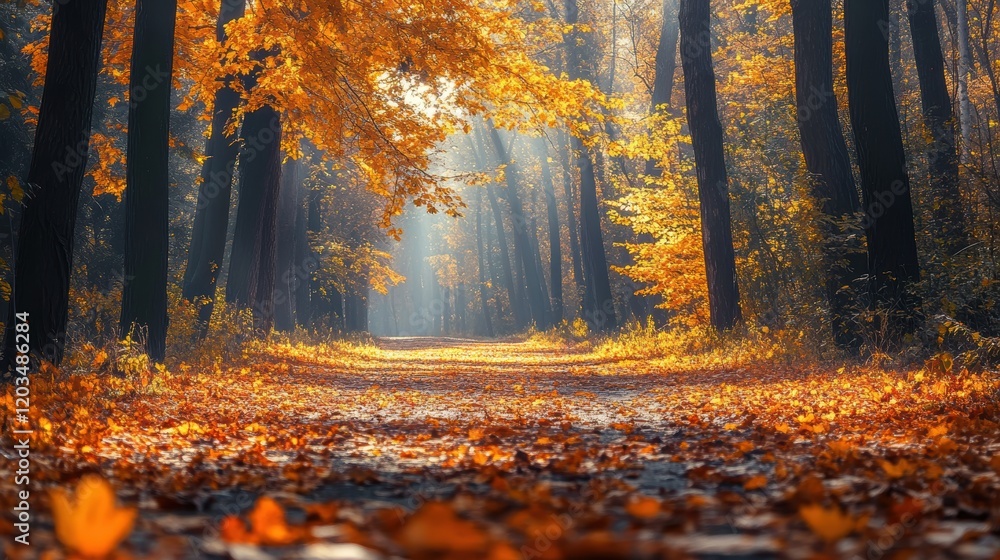 Fototapeta premium Autumn sunlight filters through trees along a tranquil path covered in vibrant orange and yellow leaves