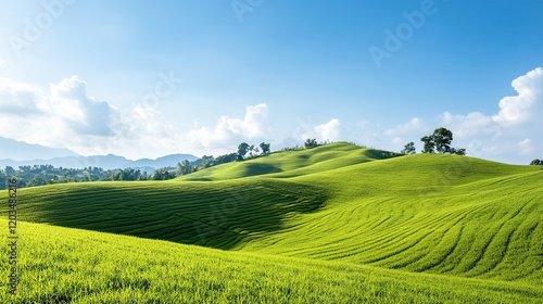 Serene hillside landscape, vibrant crop fields, expansive clear blue sky, inviting rural tranquility and natural beauty