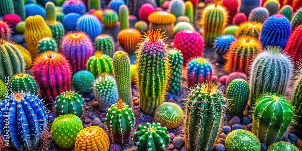 Fototapeta premium Aerial View of Vibrant Rainbow Cactus Collection - Colorful Succulent Garden