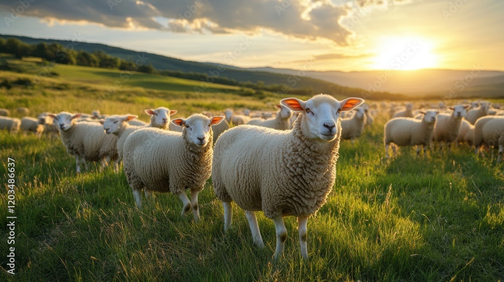 Sheep grazing in a lush green field at sunset near rolling hills Sheep grazing in a lush green field at sunset near rolling hills