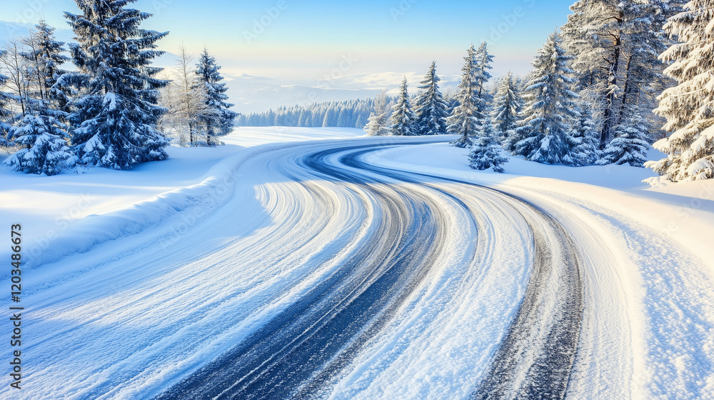 Obraz premium Snowy Winter Road in a Mountain Landscape