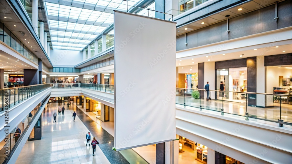 Fototapeta premium Blank White Banner Hanging in Modern Shopping Mall - Perfect for Advertisement