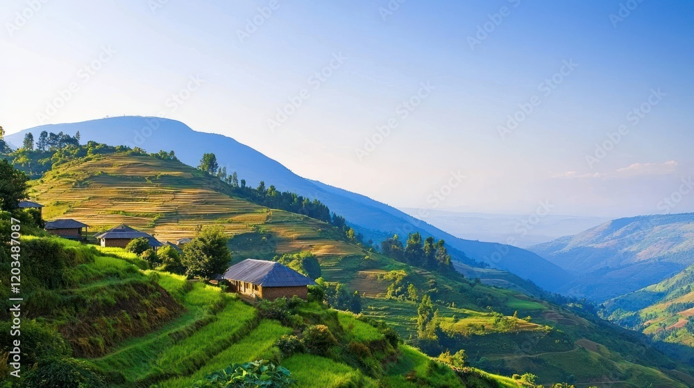 Obraz premium Serene Mountain Village Landscape