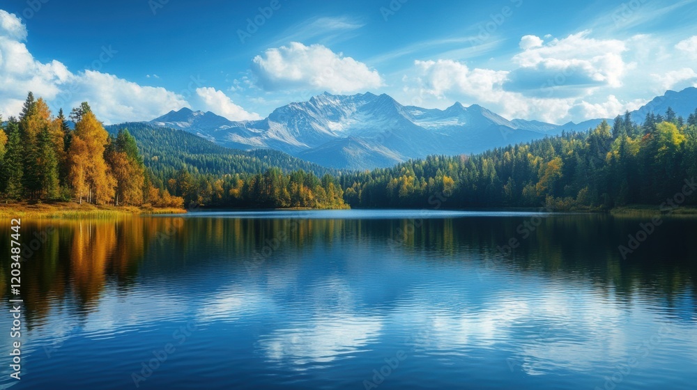 Majestic mountain landscape with serene lake reflecting clear blue sky and colorful autumn trees Majestic mountain landscape with serene lake reflecting clear blue sky and colorful autumn trees