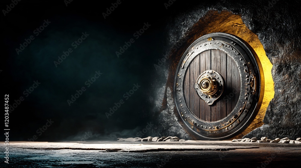 Mysterious ancient door glows dimly in dark cave. AI Generated Mysterious ancient door glows dimly in dark cave. AI Generated