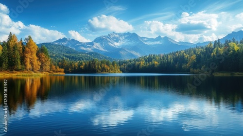 Majestic mountain landscape with serene lake reflecting clear blue sky and colorful autumn trees