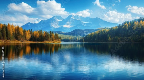 Majestic mountain landscape with vibrant trees and clear blue lake under bright sky