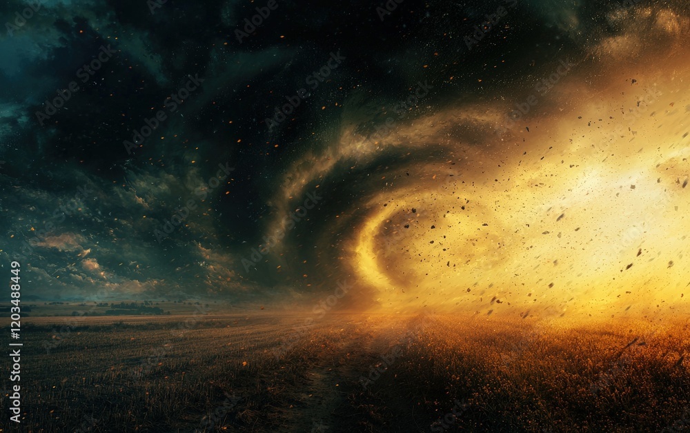 Naklejka premium A powerful tornado spiraling down from a dark cloud, moving across an open field