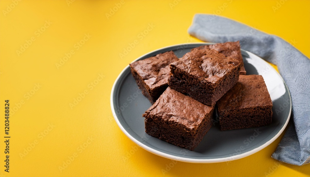 Fresh pieces of delicious chocolate brownies on yellow background Fresh pieces of delicious chocolate brownies on yellow background