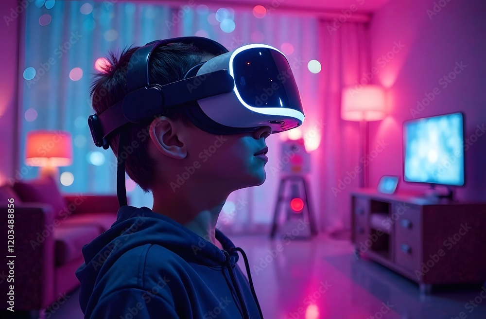 Boy in virtual reality glasses, dark interior in neon light in the background. Concept of technology, education, artificial intelligence, entertainment. Boy in virtual reality glasses, dark interior in neon light in the background. Concept of technology, education, artificial intelligence, entertainment.