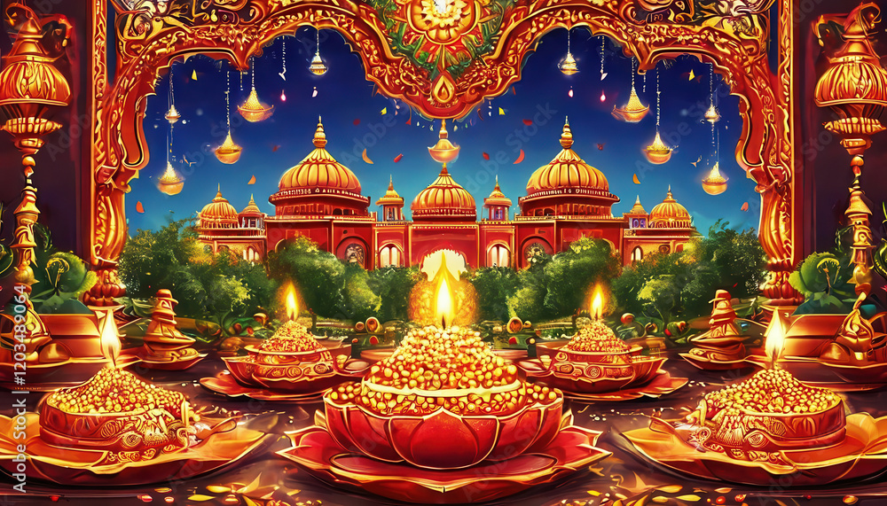 Fototapeta premium Illustration of lanterns and candles for Diwali festival.
