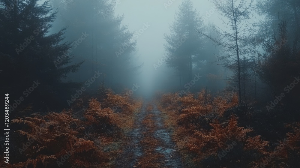 Obraz premium Eerie foggy path through a mysterious forest with tall dark trees and orange ferns along the trail creating a moody scene