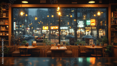 A cozy and stylish coffee shop interior with warm wooden tables and chairs