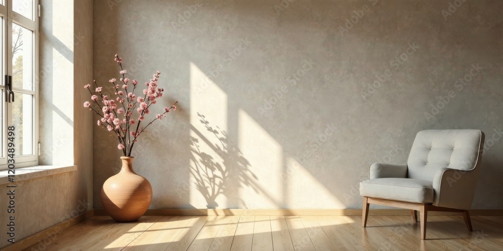 Fototapeta premium Sunlit Room Interior Design Featuring a Comfortable Armchair and Blooming Branches in a Vase