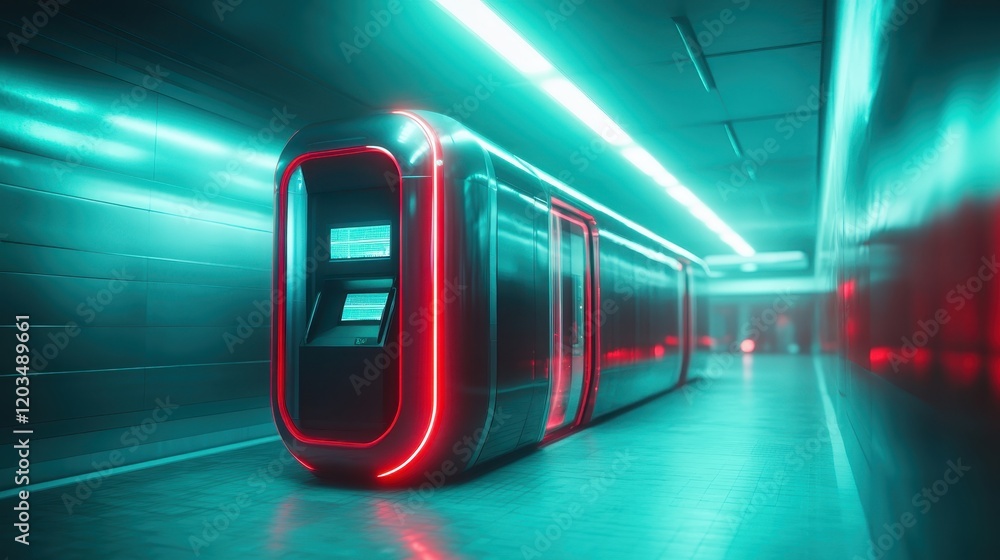 This image showcases a sleek subway station with vibrant neon lighting and a modern futuristic design, emphasizing technology and urban transit. This image showcases a sleek subway station with vibrant neon lighting and a modern futuristic design, emphasizing technology and urban transit.