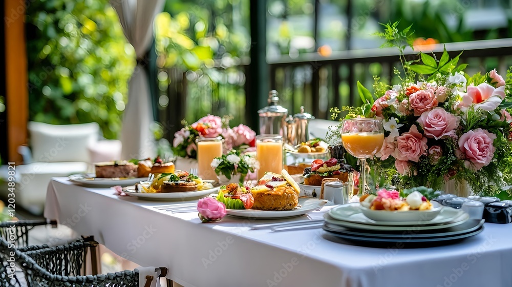 luxurious outdoor brunch table setting - outdoor dining and garden . luxurious outdoor brunch table setting - outdoor dining and garden .