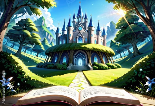 An open book with a tall castle set in the distant background scenery